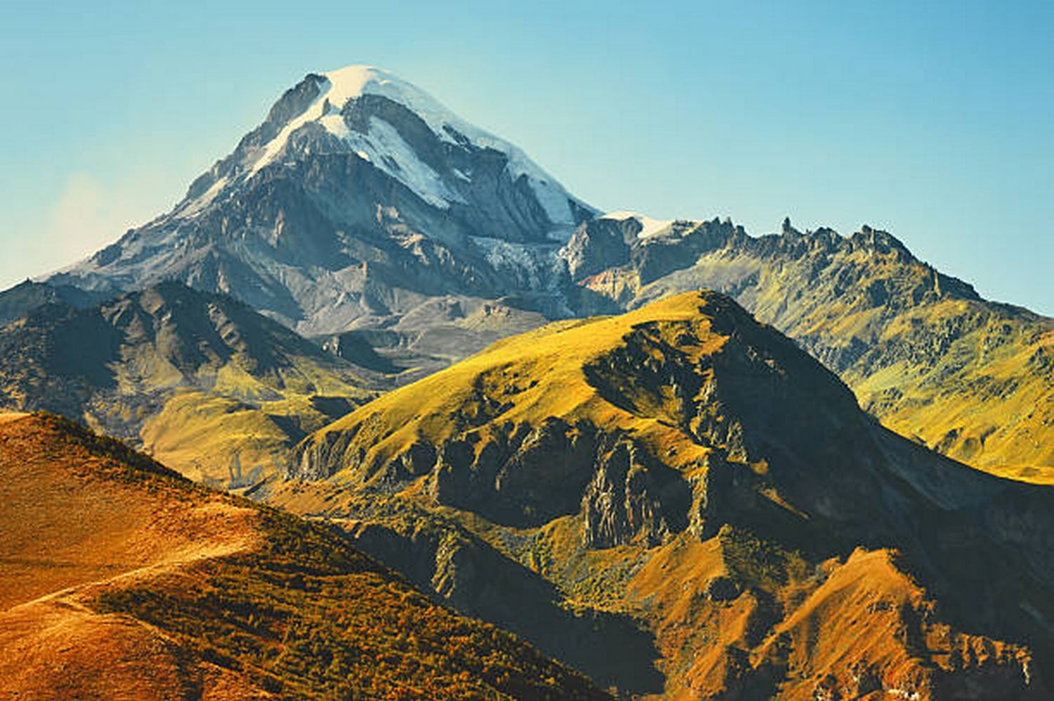 Mount Kazbek in the Caucasus Mountains.